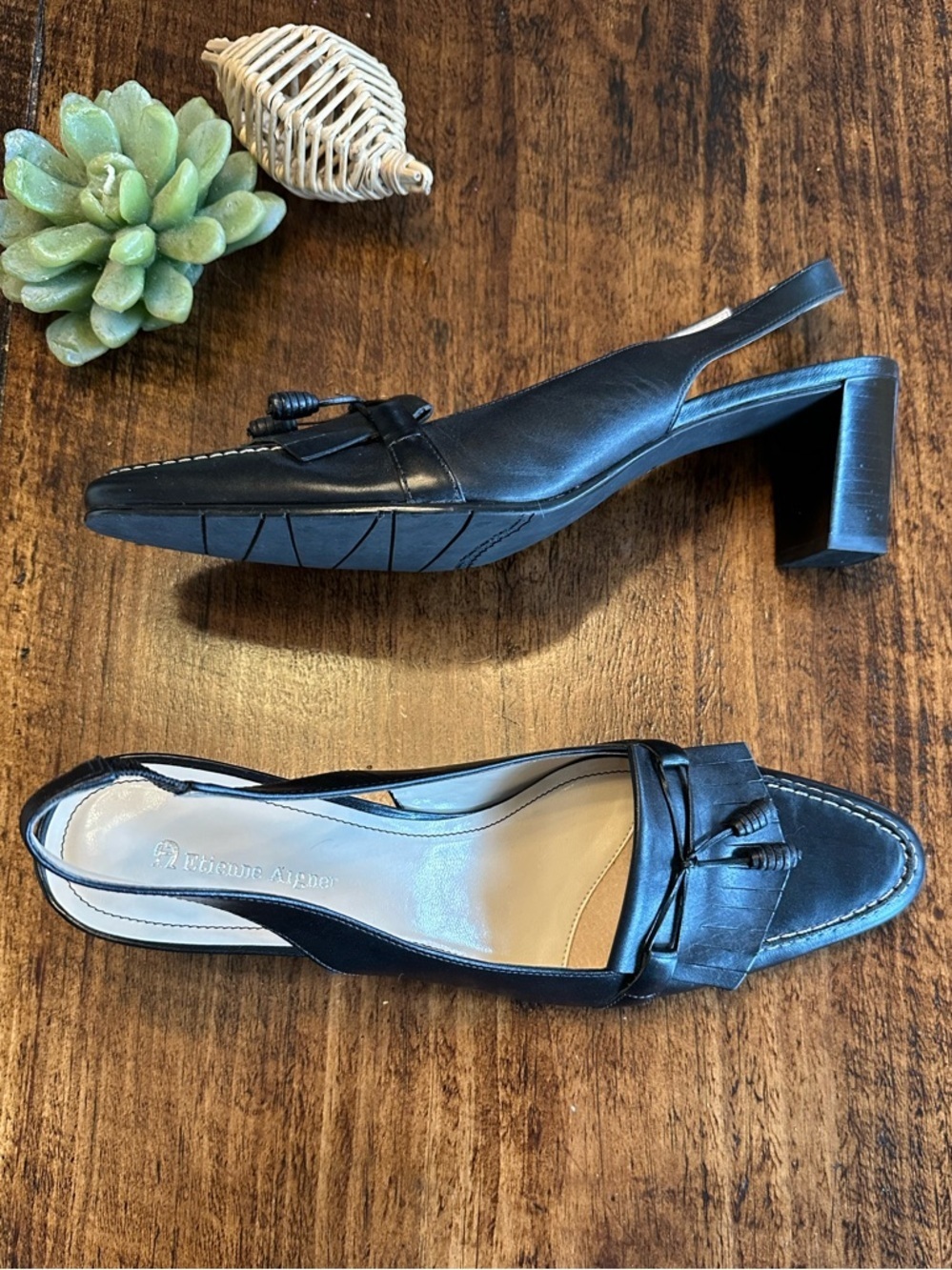 Etienne Aigner | Vintage Black Leather Tassel Slingback Block Heels, Size 9